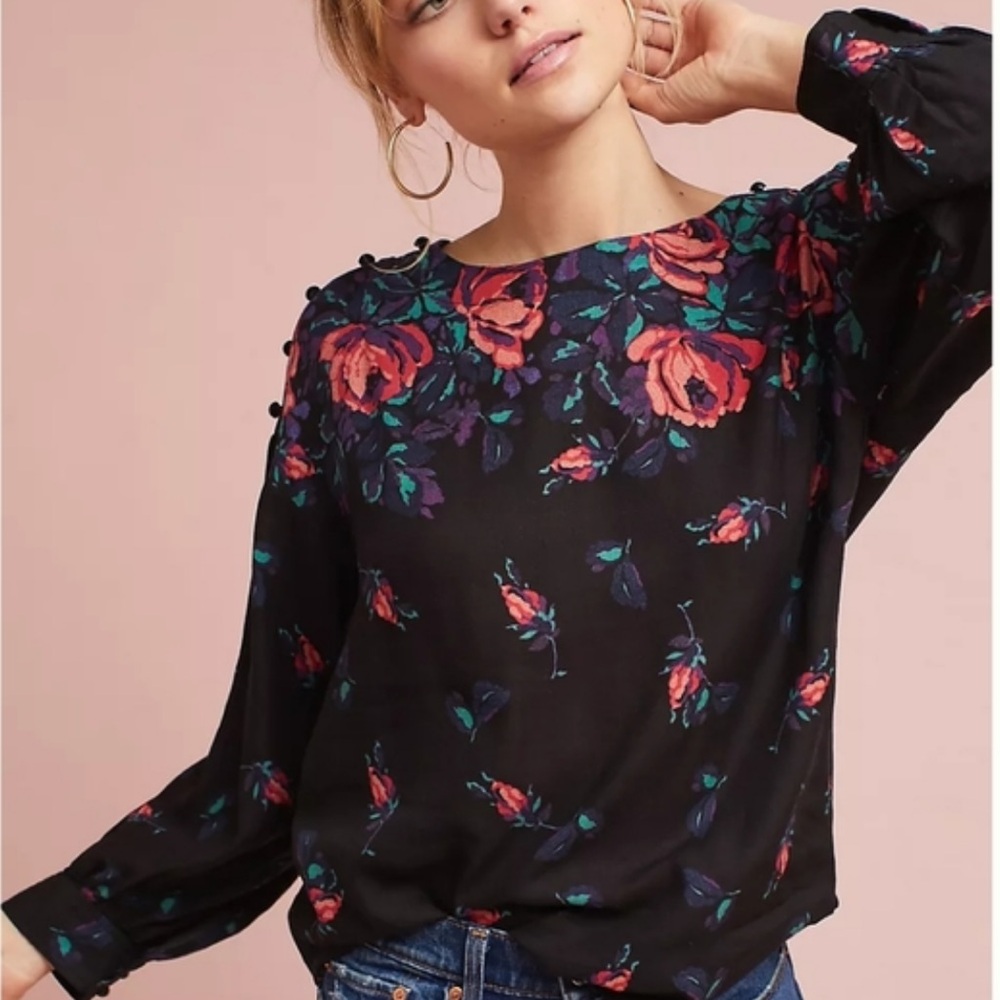 Anthropologie MAEVE Gardenia Boat Neck Black and Floral Long Sleeve Top Sz S